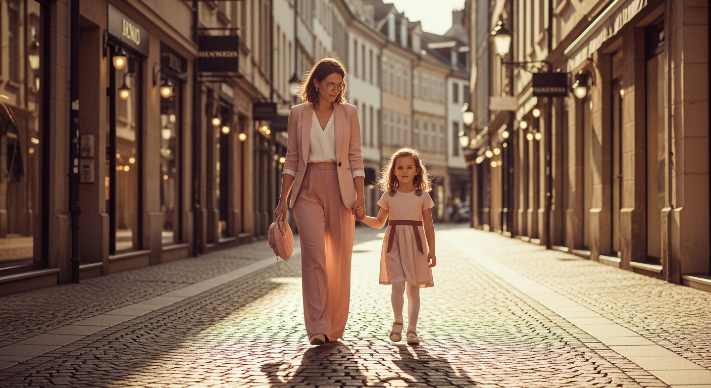 Mother and daughter on a sunlit cobblestone street wearing Livia Fashion